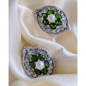 Elegant Chrome Diopside, Pearl & Diamond Earrings